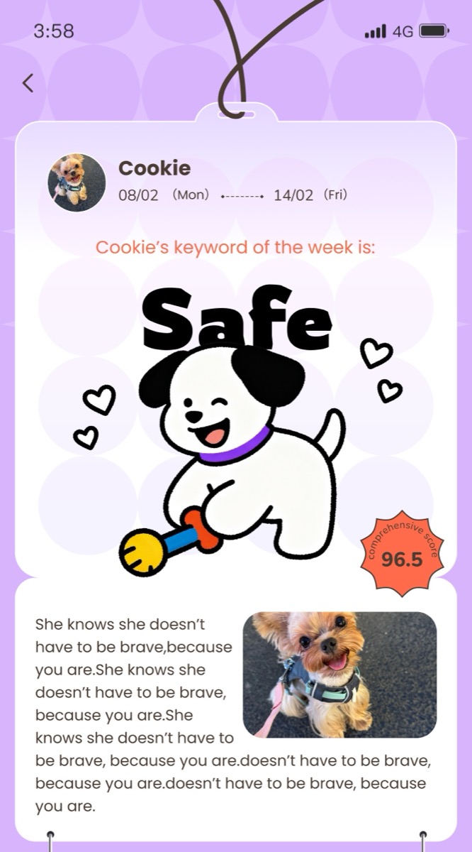 Pemi weekly pet report showing Cookie’s keyword, score, and complete summary